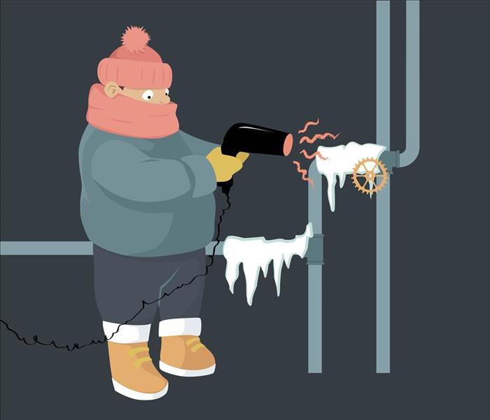 Cartoon of a man using a blow dryer to heat frozen pipes