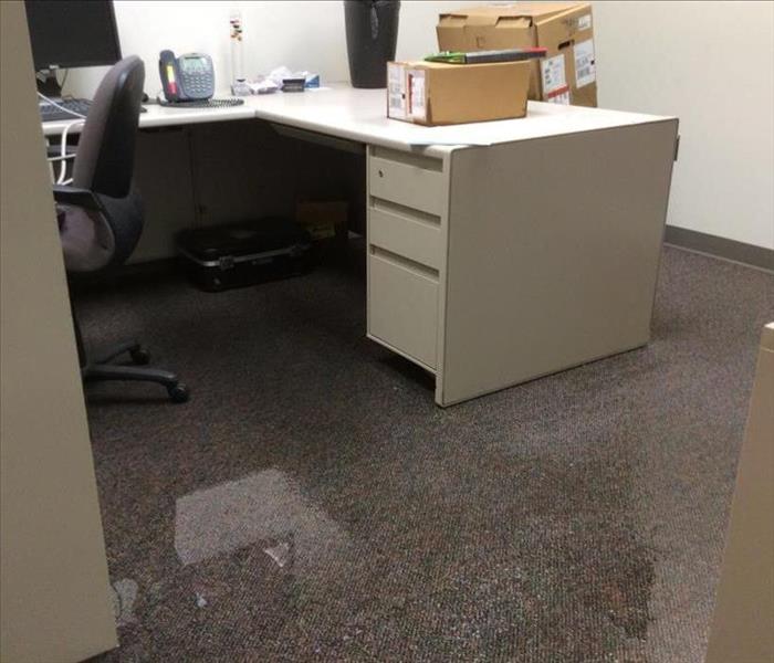 Blue carpet in office flooded with water